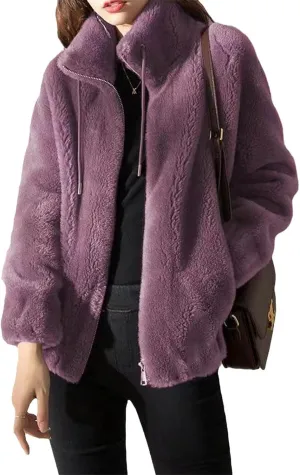 Padded Coat Stand-collar Double-faced Fleece Jacket，Winter Fashion Solid Open Front Faux Fur Coat，Warm and cozy