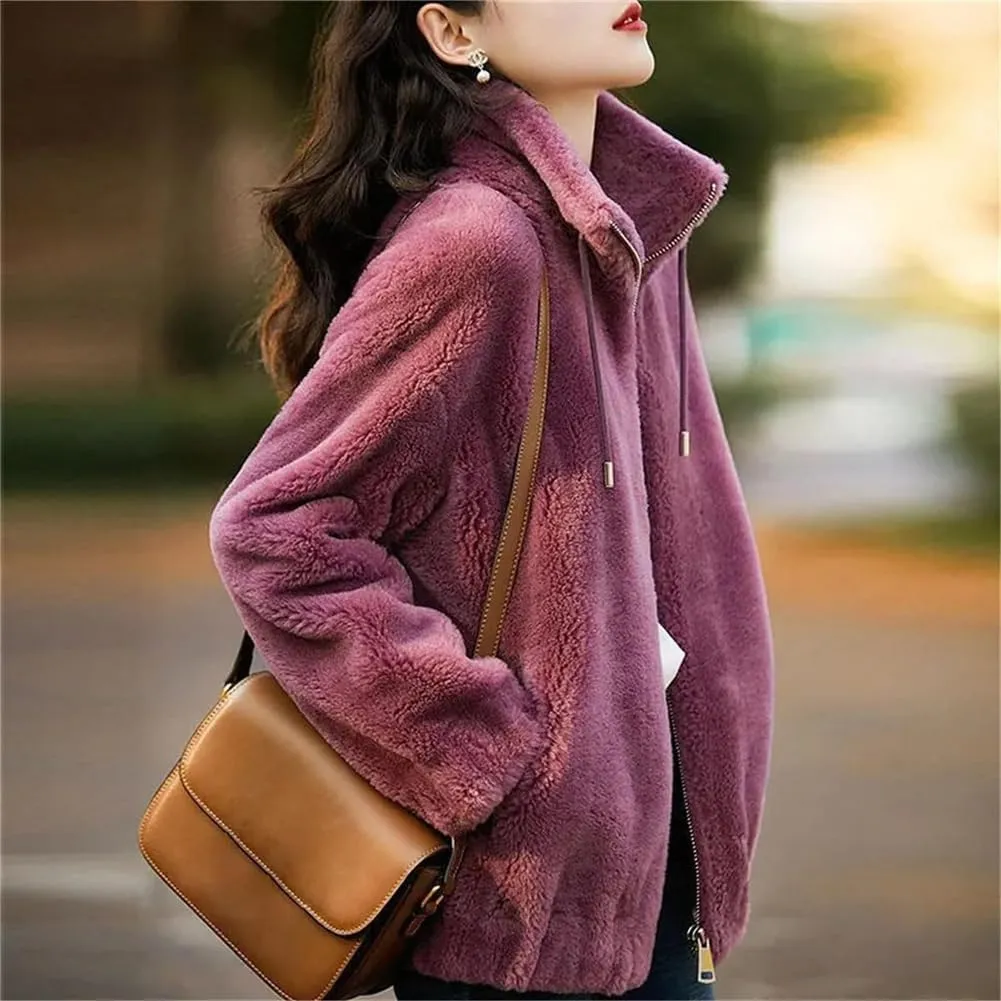 Padded Coat Stand-collar Double-faced Fleece Jacket，Winter Fashion Solid Open Front Faux Fur Coat，Warm and cozy