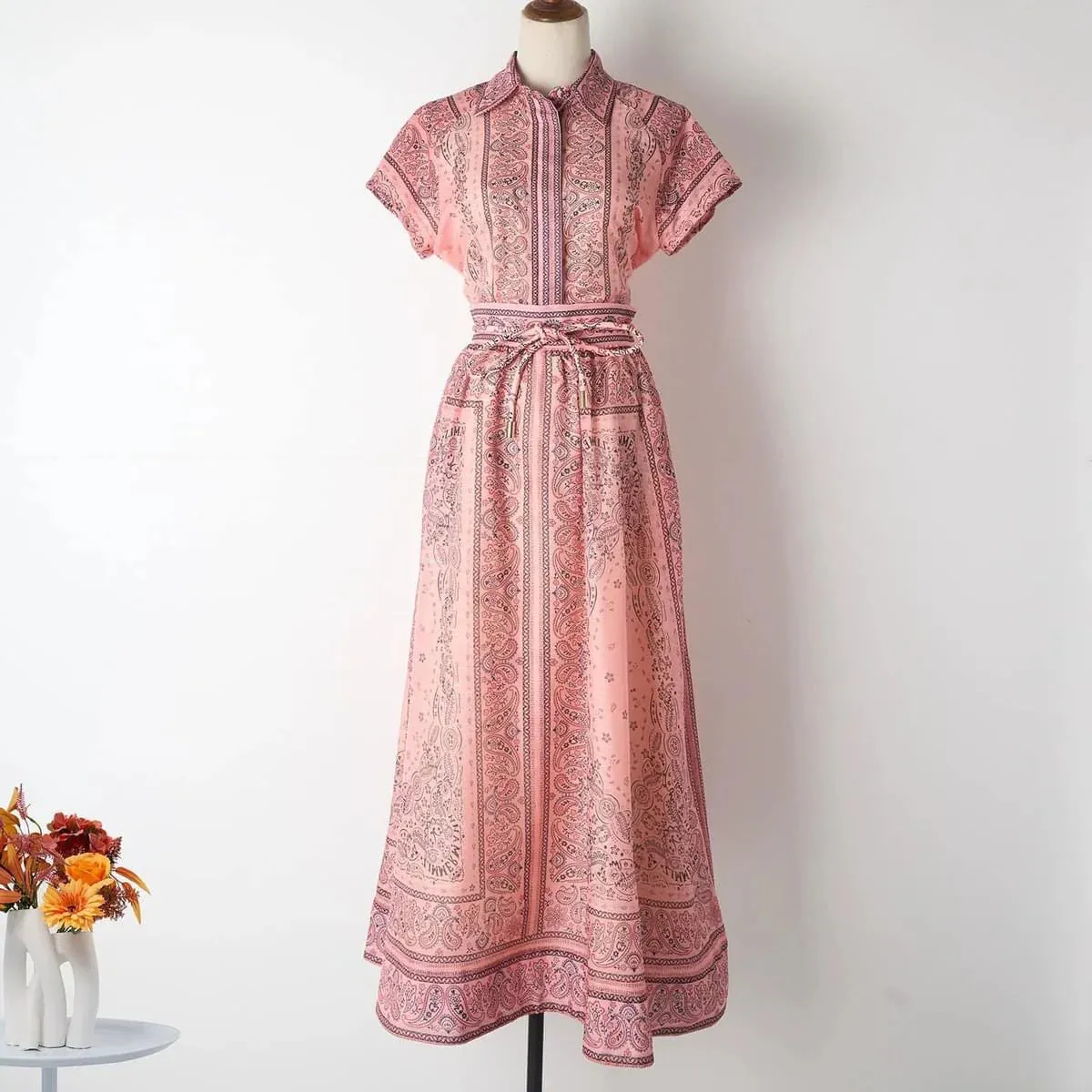 Paisley Maxi Shirt Dress | Belted Waist | Lightweight and Boho-Chic