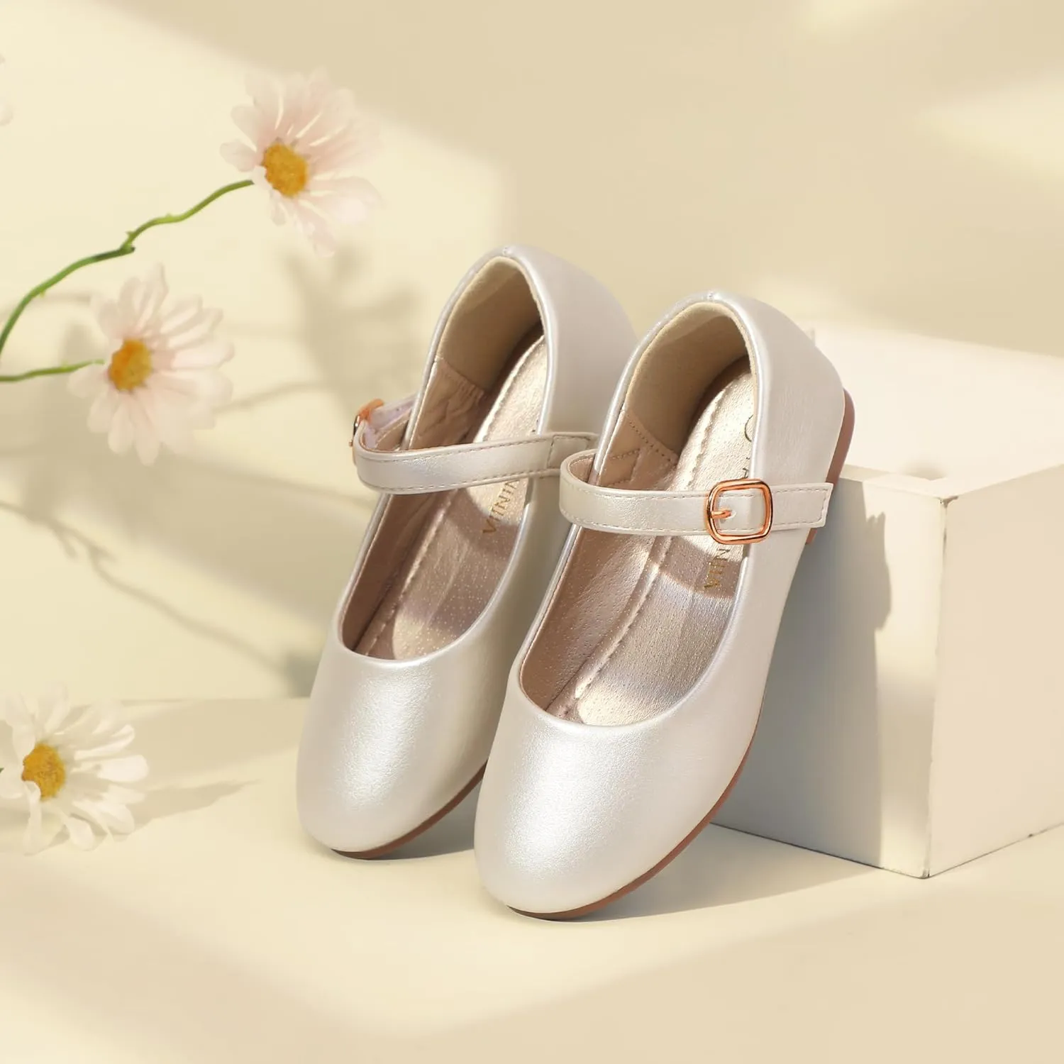 PANDANINJIA Girls Dress Shoes Flower Girl Ballet Pearl Flats Adela Wedding Party School for Toddler Little Kid