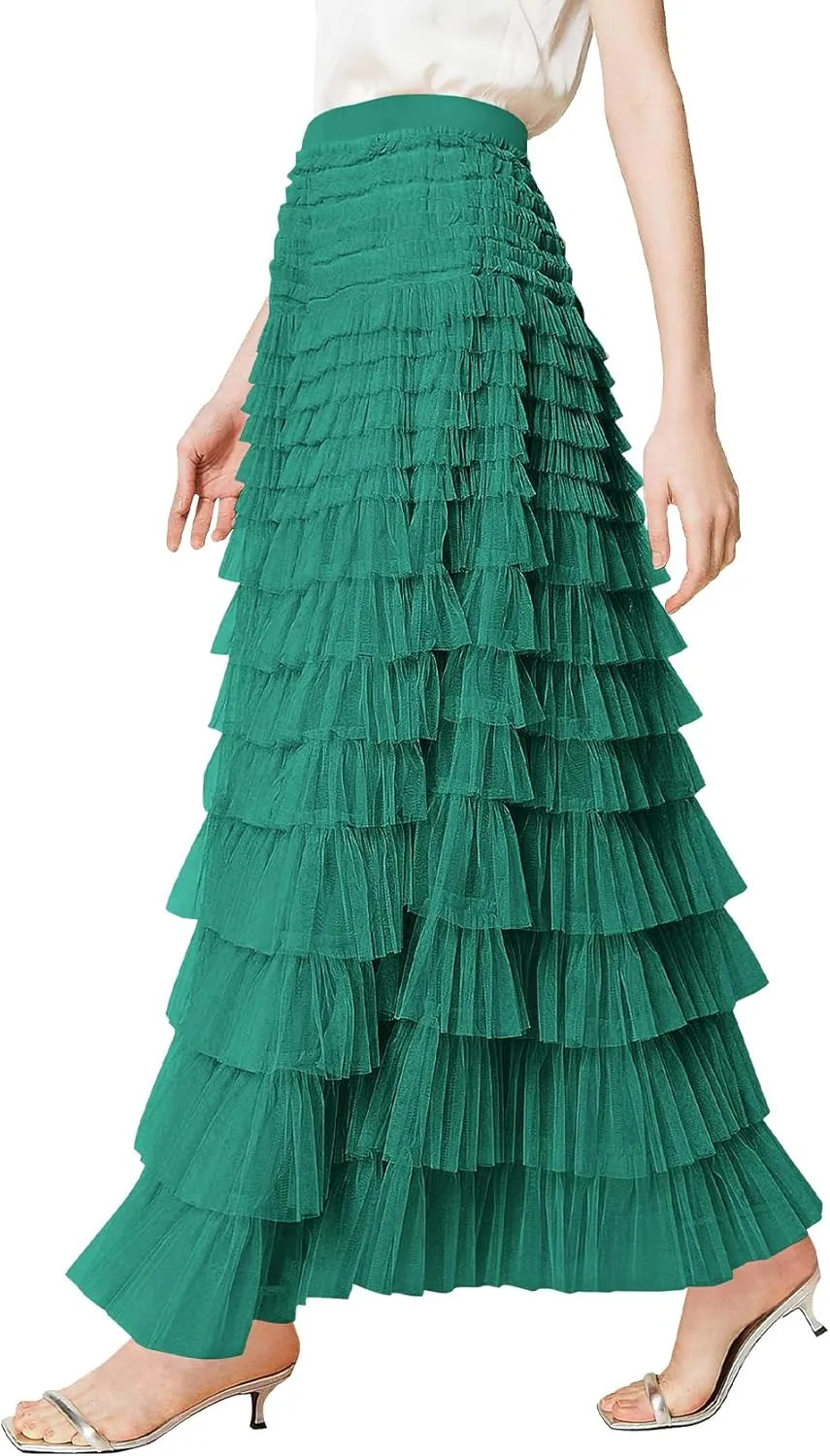 PEHMEA Women's Tiered Tulle Midi Skirt Elastic High Waist Flowy A-Line Maxi Skirts with Ruffle Layers for Party Wedding Daily