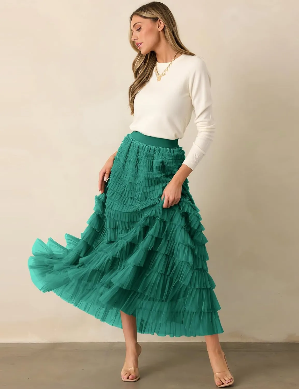 PEHMEA Women's Tiered Tulle Midi Skirt Elastic High Waist Flowy A-Line Maxi Skirts with Ruffle Layers for Party Wedding Daily
