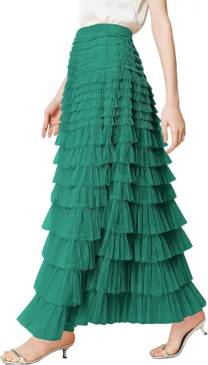 PEHMEA Women's Tiered Tulle Midi Skirt Elastic High Waist Flowy A-Line Maxi Skirts with Ruffle Layers for Party Wedding Daily