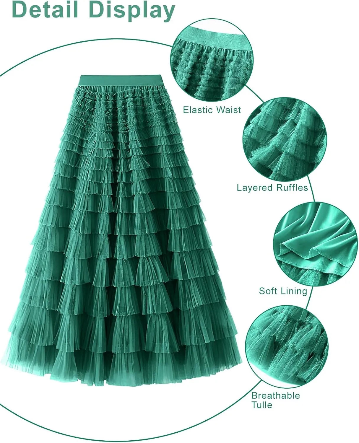 PEHMEA Women's Tiered Tulle Midi Skirt Elastic High Waist Flowy A-Line Maxi Skirts with Ruffle Layers for Party Wedding Daily