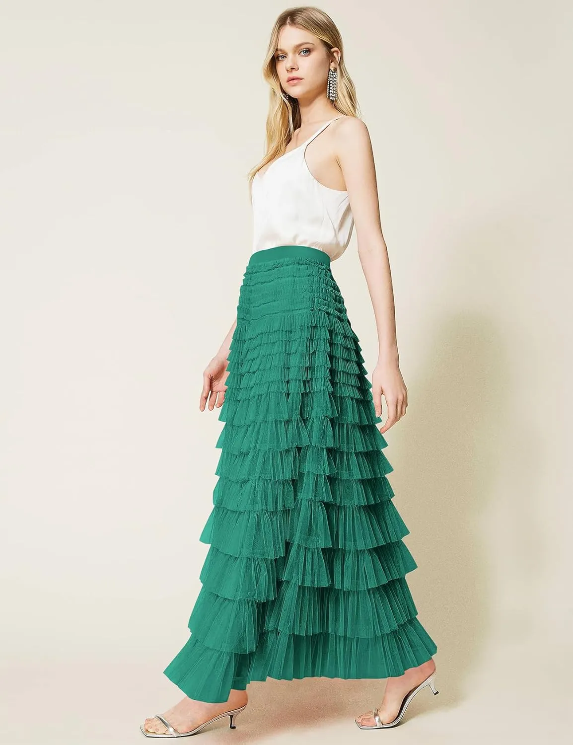 PEHMEA Women's Tiered Tulle Midi Skirt Elastic High Waist Flowy A-Line Maxi Skirts with Ruffle Layers for Party Wedding Daily