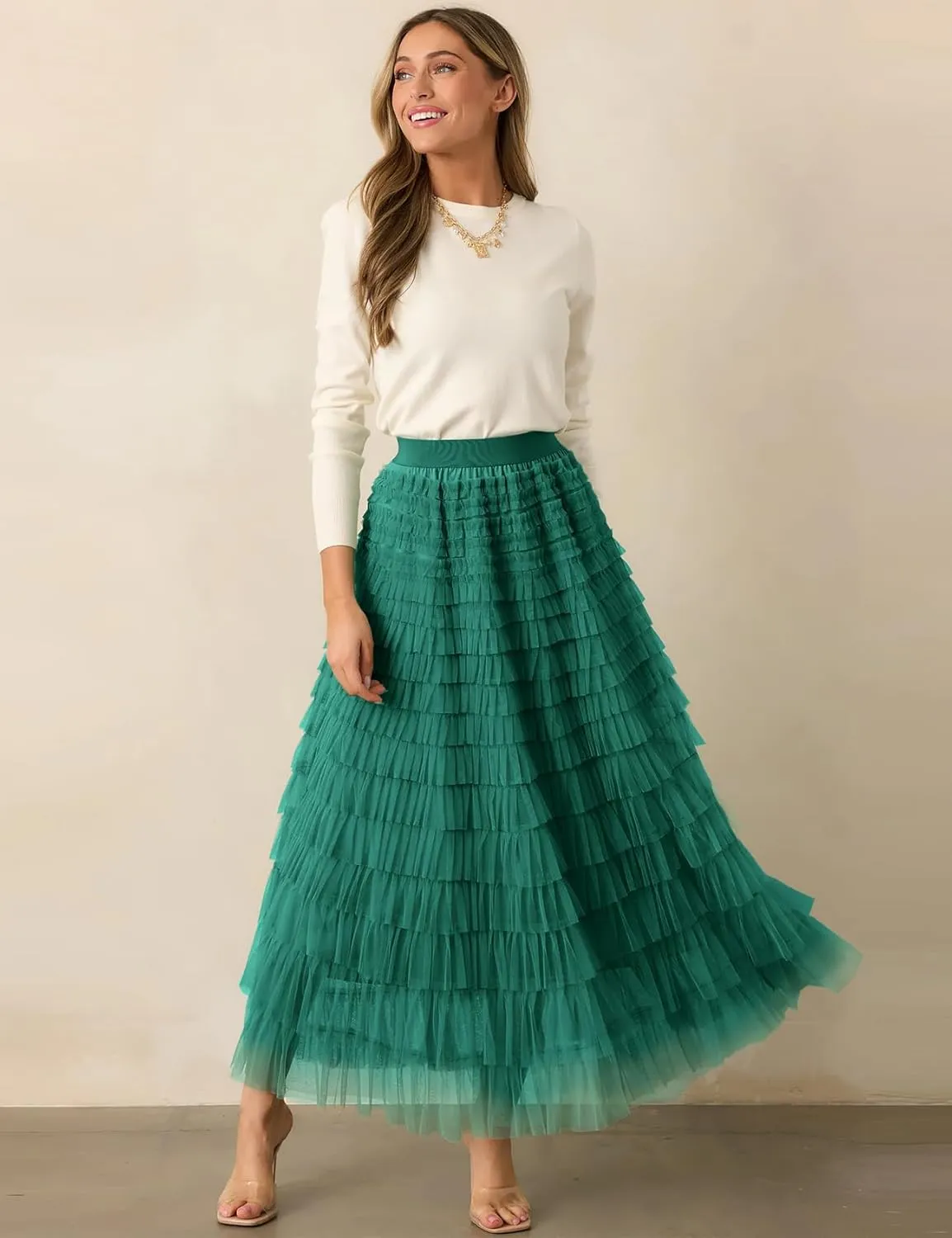 PEHMEA Women's Tiered Tulle Midi Skirt Elastic High Waist Flowy A-Line Maxi Skirts with Ruffle Layers for Party Wedding Daily