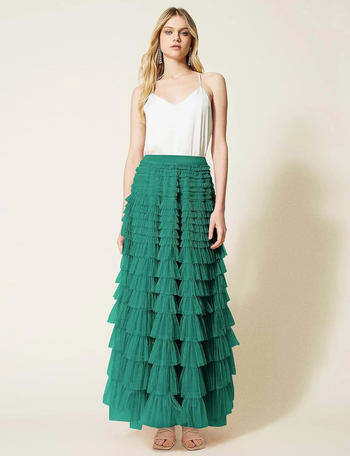 PEHMEA Women's Tiered Tulle Midi Skirt Elastic High Waist Flowy A-Line Maxi Skirts with Ruffle Layers for Party Wedding Daily