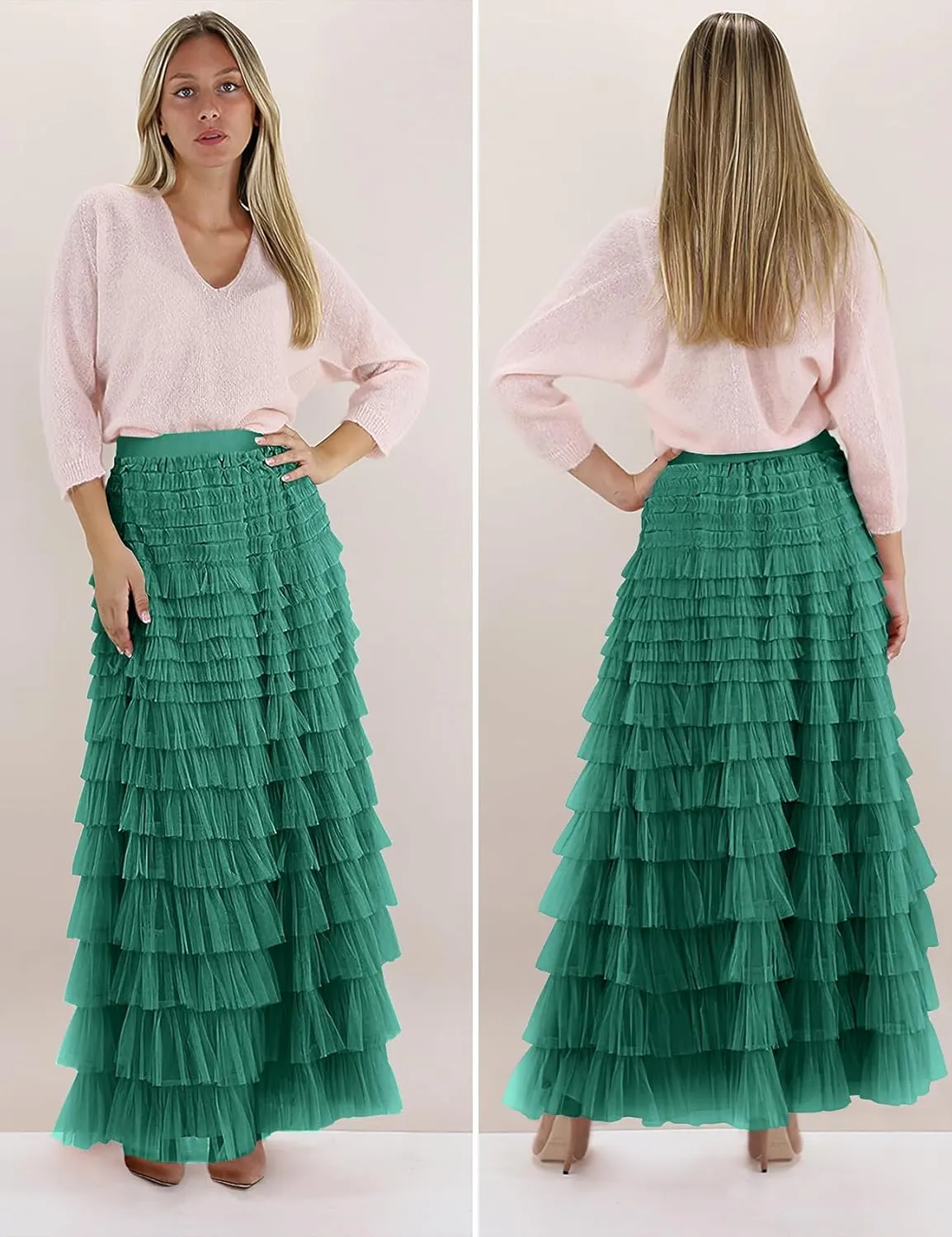 PEHMEA Women's Tiered Tulle Midi Skirt Elastic High Waist Flowy A-Line Maxi Skirts with Ruffle Layers for Party Wedding Daily