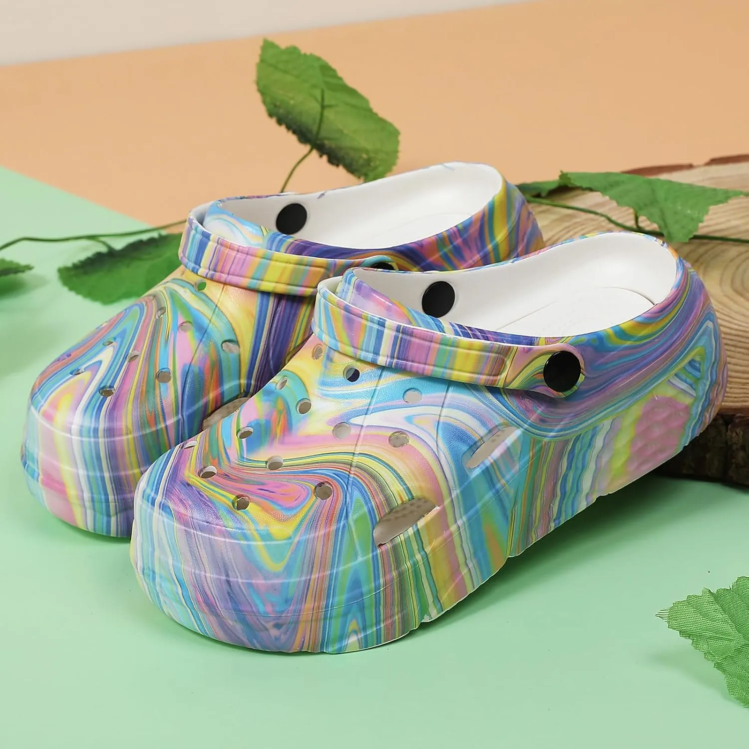 Platform Graphic Clogs for Women: Summer Garden Shoes - Slip On Beach Sandals - Outdoor Water Slippers with Removable Insole
