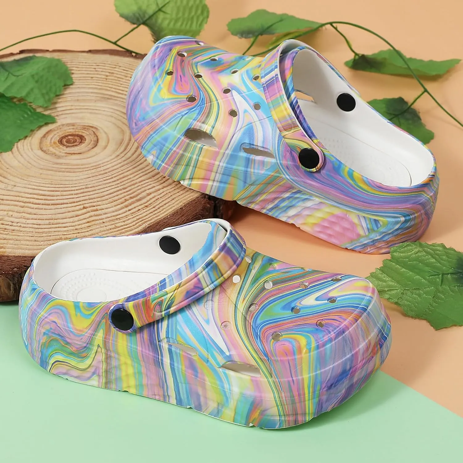 Platform Graphic Clogs for Women: Summer Garden Shoes - Slip On Beach Sandals - Outdoor Water Slippers with Removable Insole