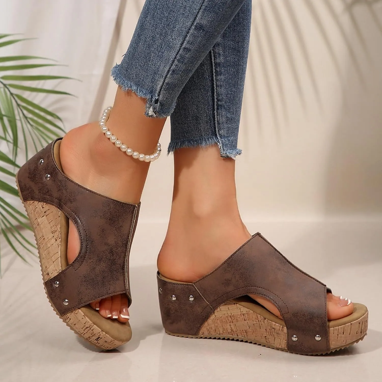 Platform Sandals Women Thick Sole Cork Wedge Sandals Comfy Wide Width Non-Slip Open Toe Summer Beach Slides Sandals