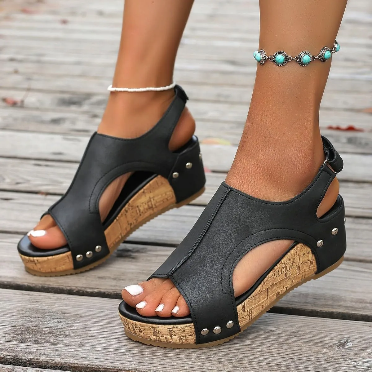 Platform Sandals Women Thick Sole Cork Wedge Sandals Comfy Wide Width Non-Slip Open Toe Summer Beach Slides Sandals
