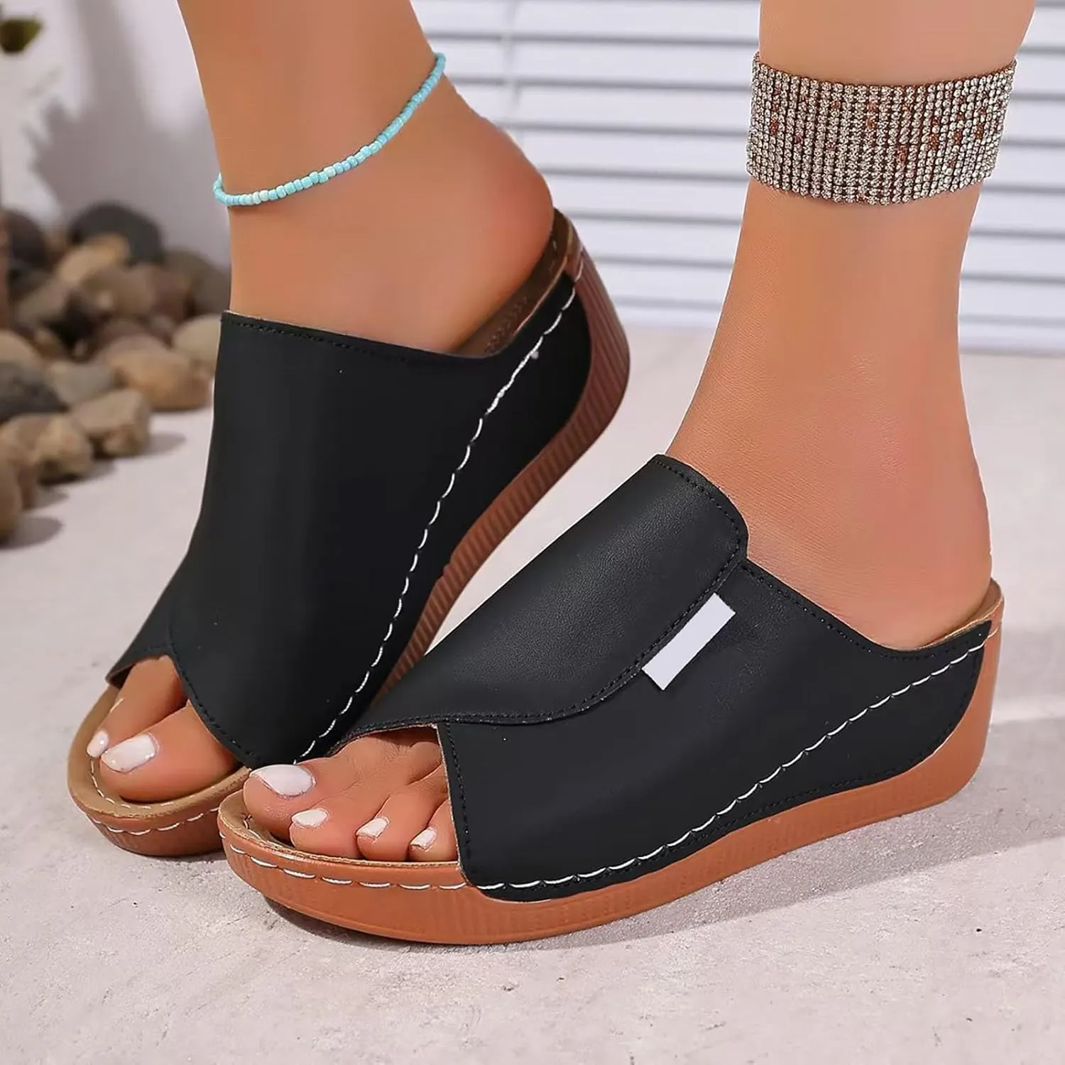 Platform Slip on Sandals for Women Basic Slope Heel Thick Bottom Summer One Foot Stirrup Dressy Beach Slipper Sandal