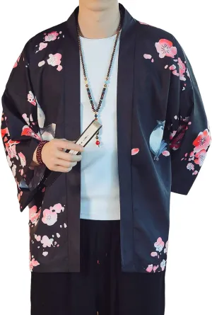 PRIJOUHE Men's Lightweight Kimono Jacket Seven Sleeve Open Front Cardigan Coat Japanese Style Bathrobe
