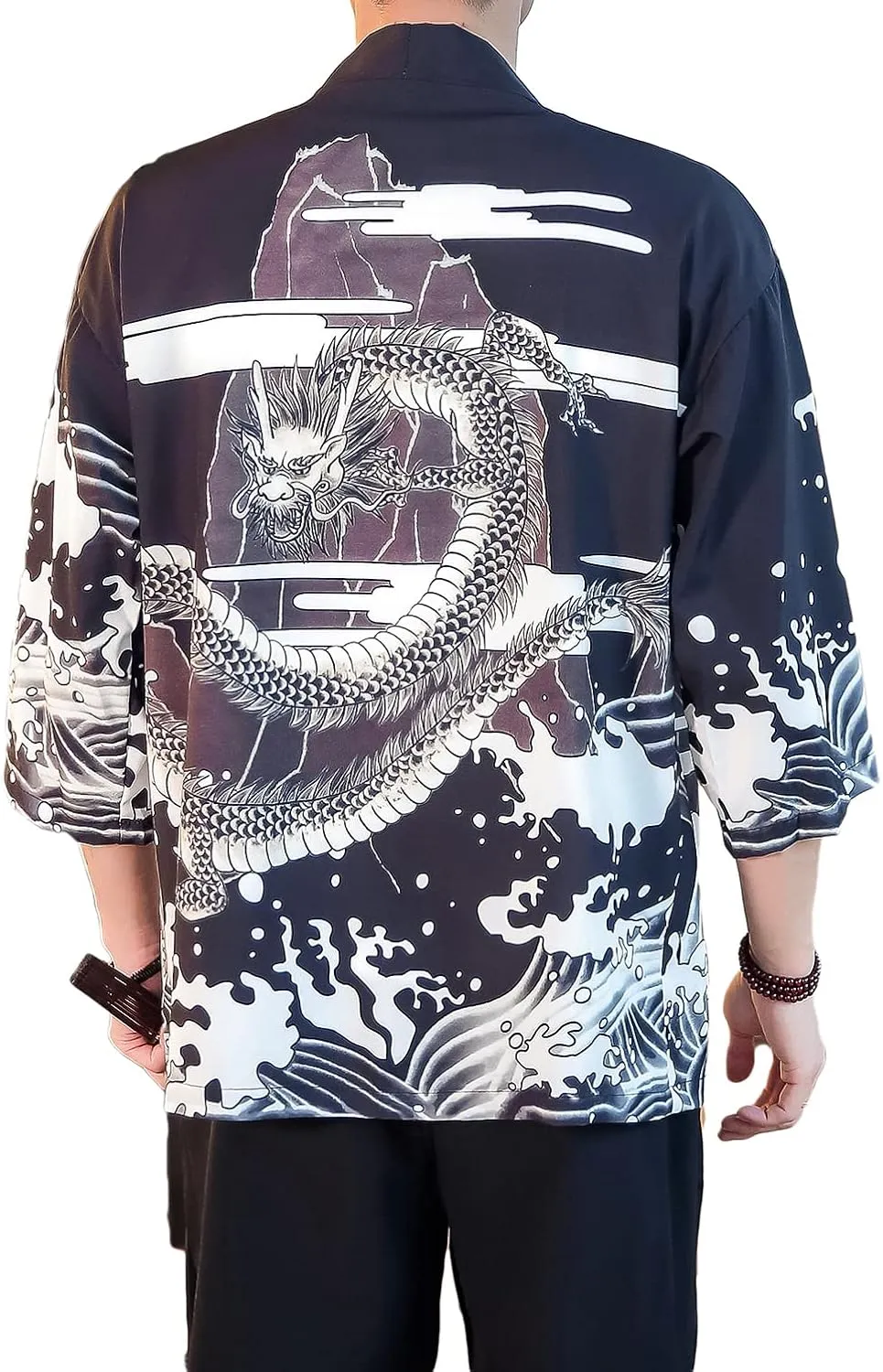 PRIJOUHE Men's Lightweight Kimono Jacket Seven Sleeve Open Front Cardigan Coat Japanese Style Bathrobe