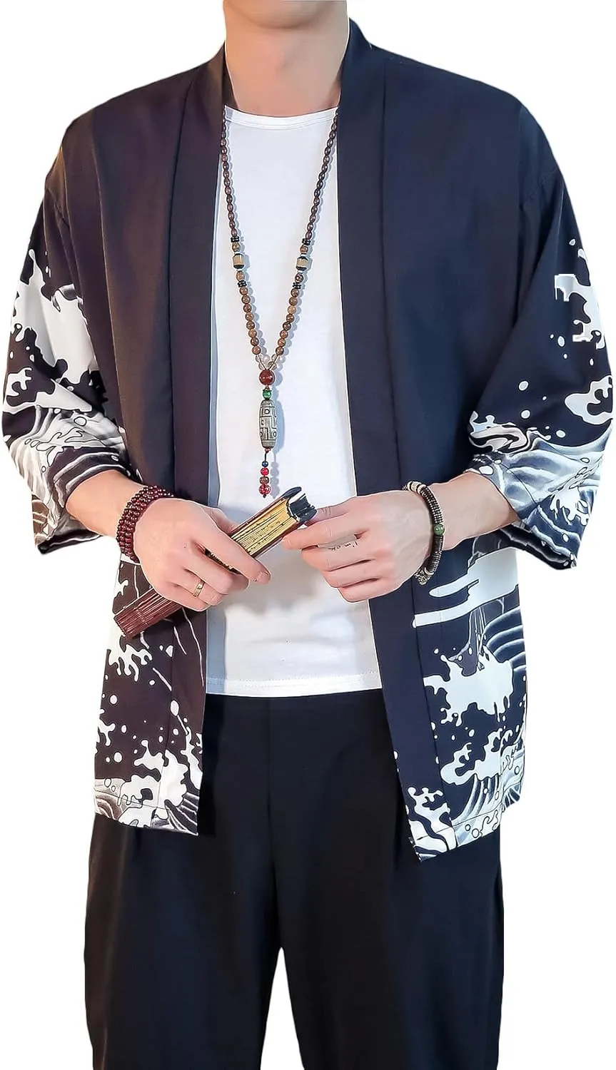 PRIJOUHE Men's Lightweight Kimono Jacket Seven Sleeve Open Front Cardigan Coat Japanese Style Bathrobe