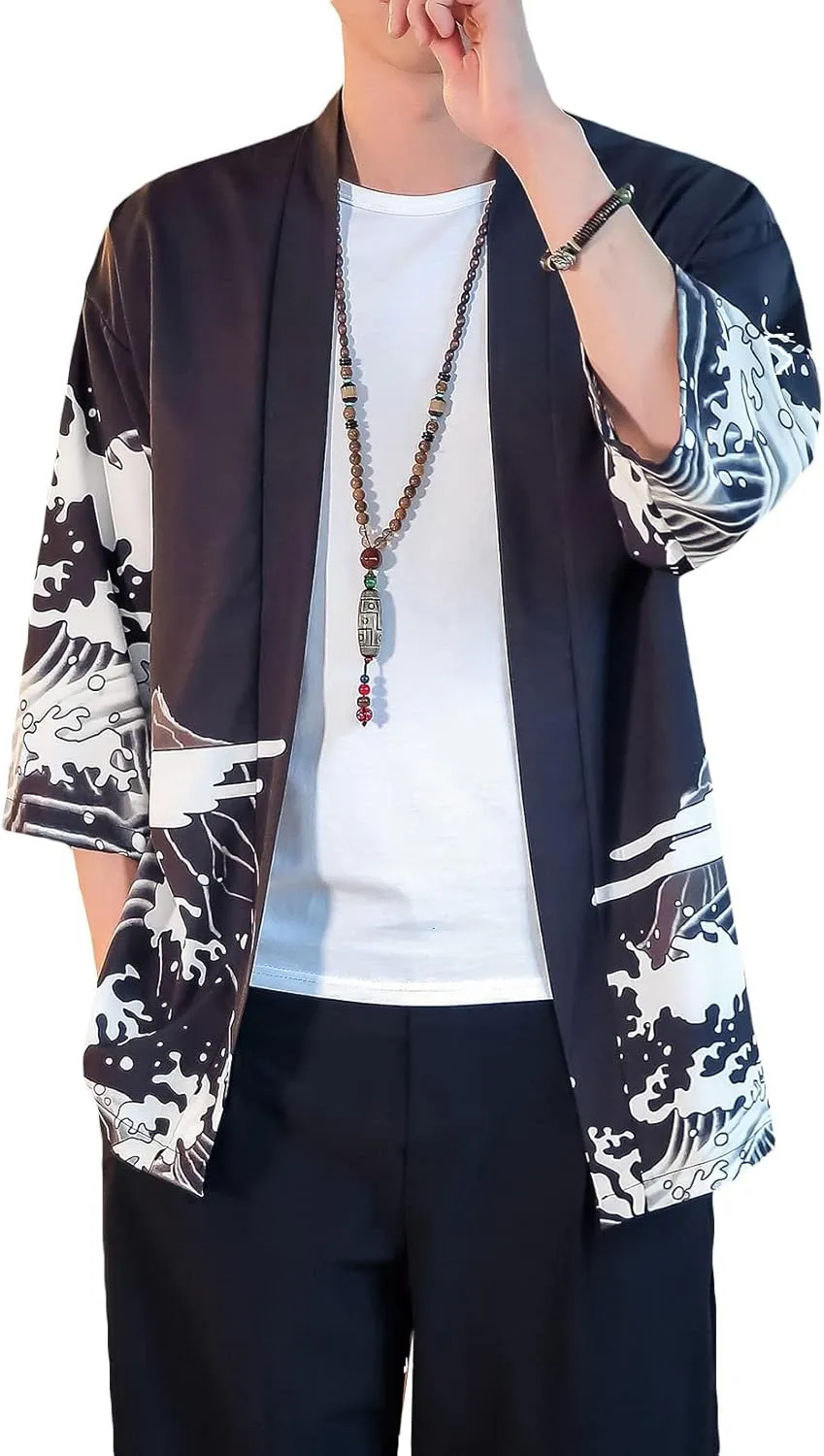 PRIJOUHE Men's Lightweight Kimono Jacket Seven Sleeve Open Front Cardigan Coat Japanese Style Bathrobe