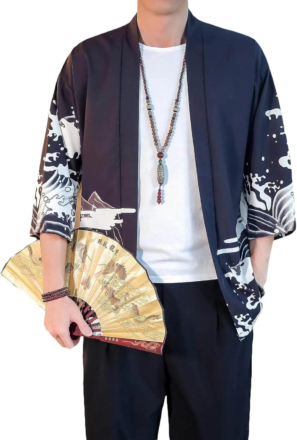 PRIJOUHE Men's Lightweight Kimono Jacket Seven Sleeve Open Front Cardigan Coat Japanese Style Bathrobe