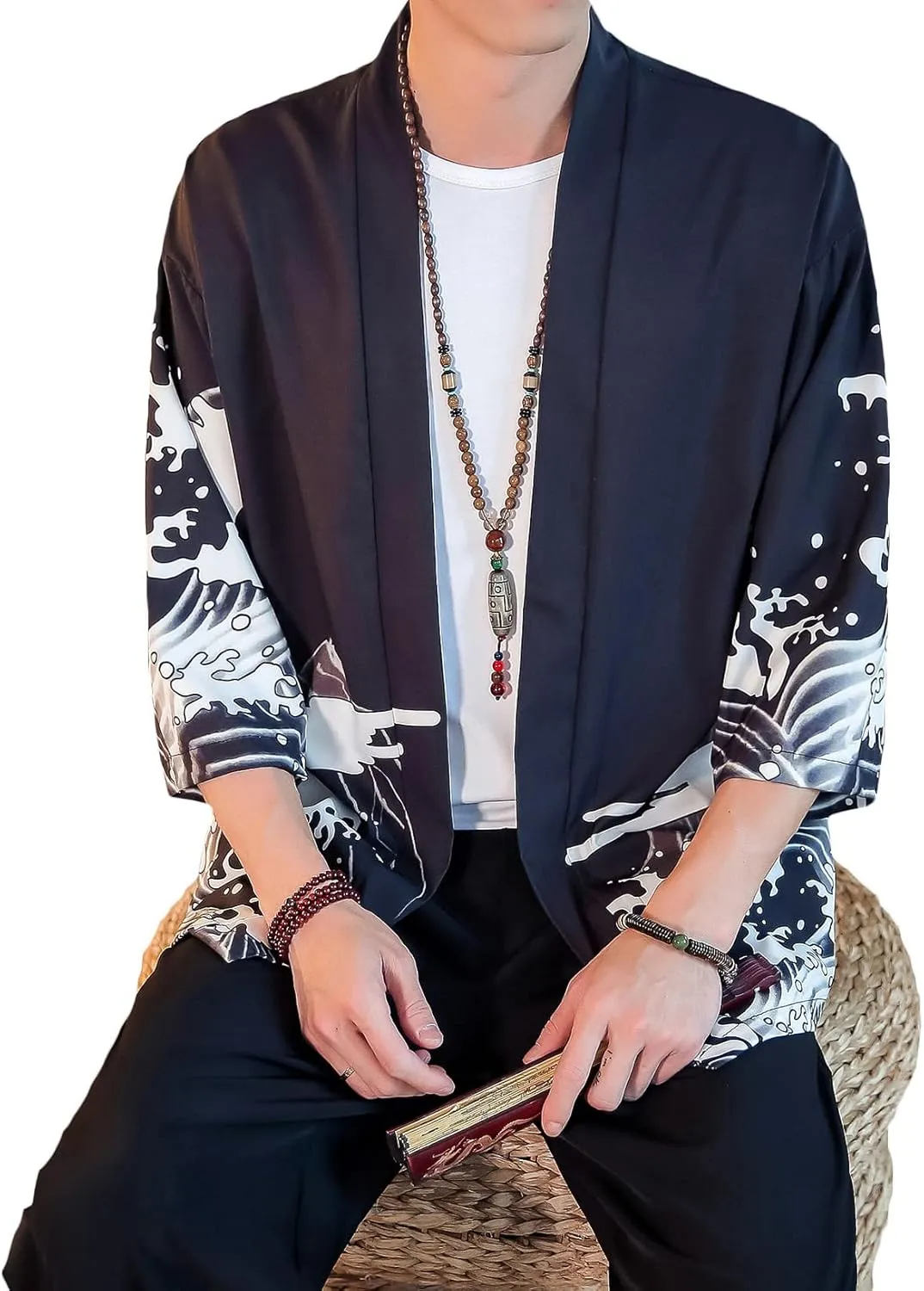 PRIJOUHE Men's Lightweight Kimono Jacket Seven Sleeve Open Front Cardigan Coat Japanese Style Bathrobe