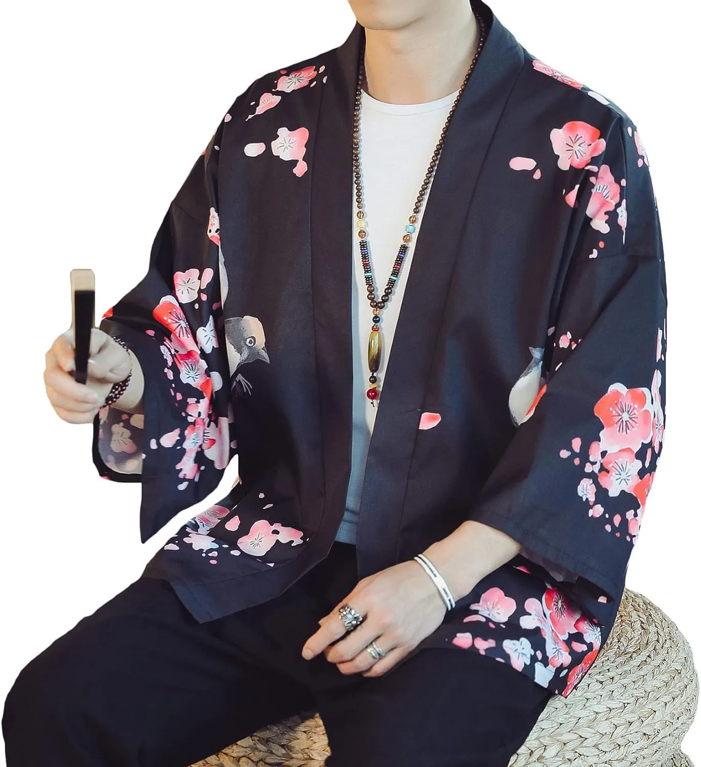 PRIJOUHE Men's Lightweight Kimono Jacket Seven Sleeve Open Front Cardigan Coat Japanese Style Bathrobe