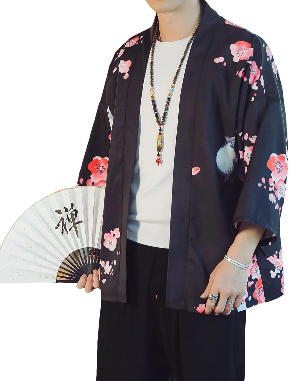 PRIJOUHE Men's Lightweight Kimono Jacket Seven Sleeve Open Front Cardigan Coat Japanese Style Bathrobe