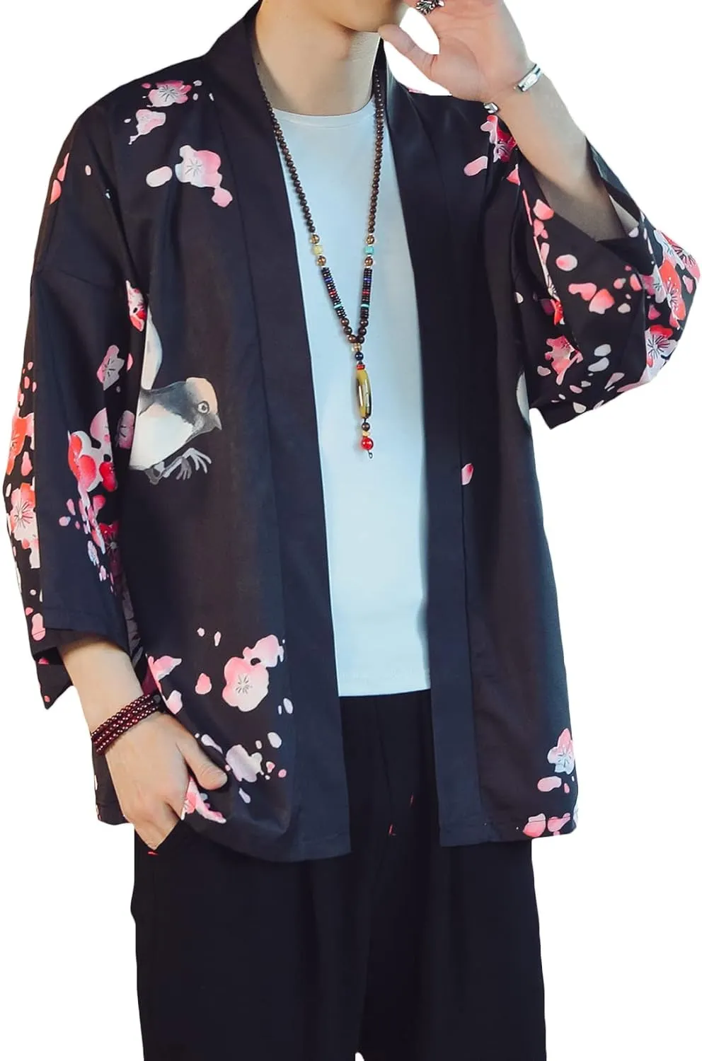PRIJOUHE Men's Lightweight Kimono Jacket Seven Sleeve Open Front Cardigan Coat Japanese Style Bathrobe