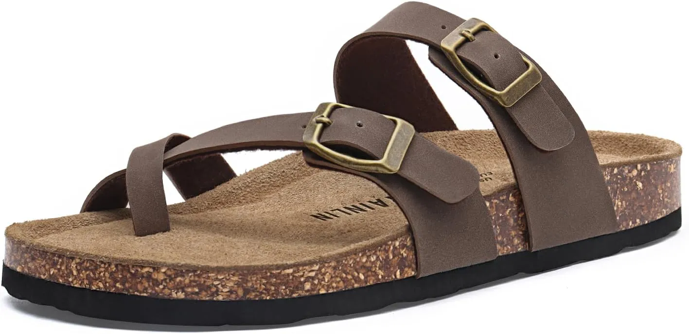 Rainlin Women's Cork Footbed Sandals Comfortable Adjustable Buckle Flat Thong Slide Sandals with Arch Support