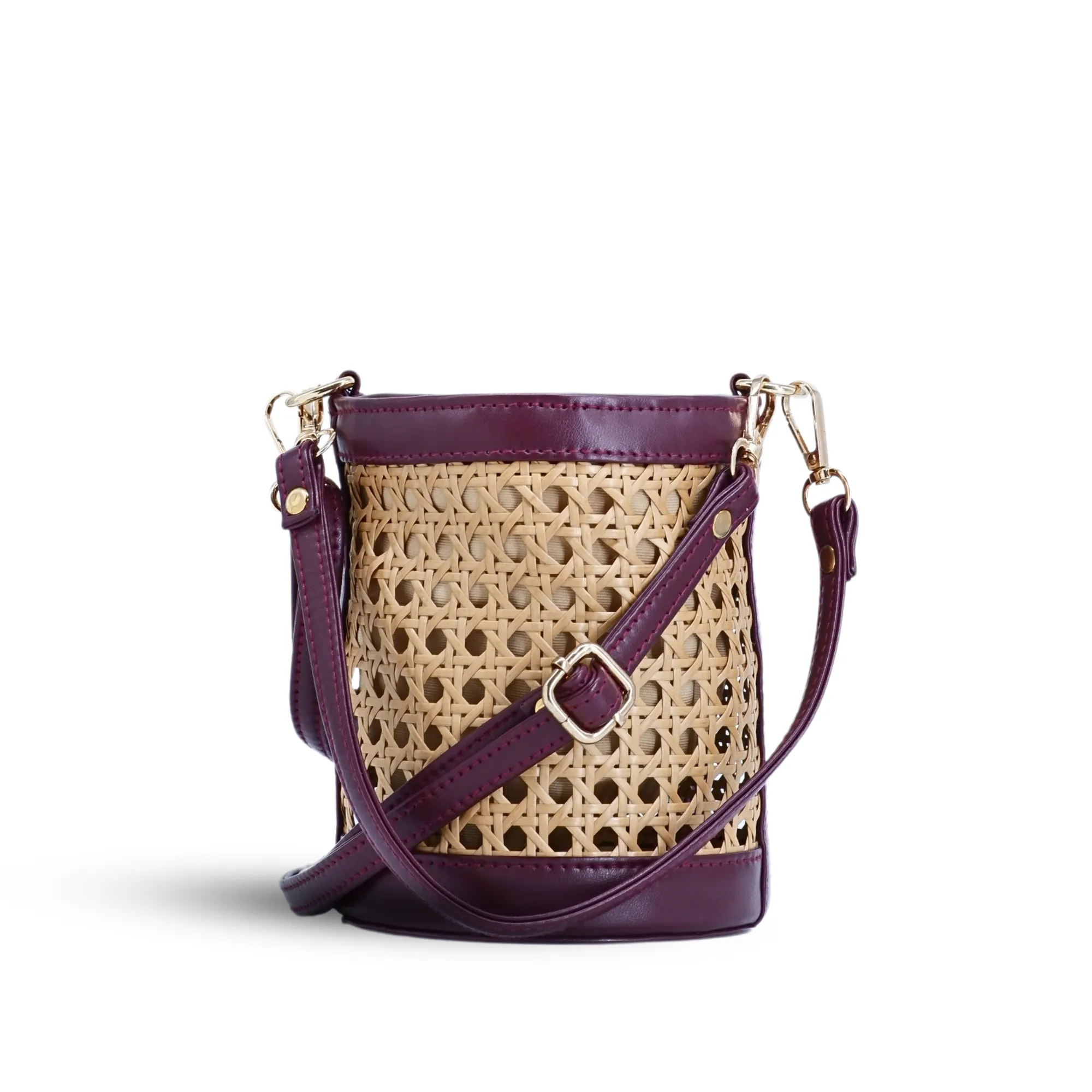 Rattan Weave Bucket Bag - Vintage Merlot