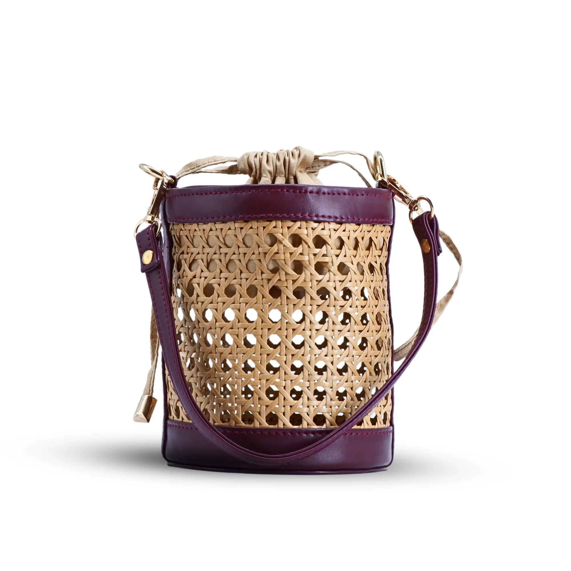 Rattan Weave Bucket Bag - Vintage Merlot