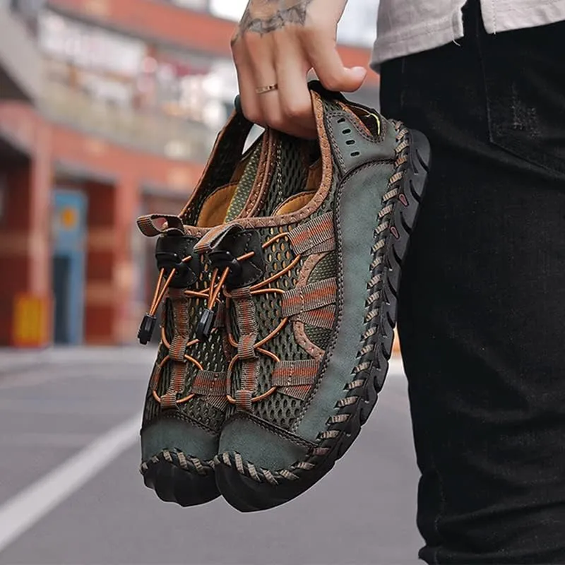 Recyphi Men's Sandals Closed Toe Mesh Splicing Outdoor Leather Sandals Breathable Summer Fisherman Shoes