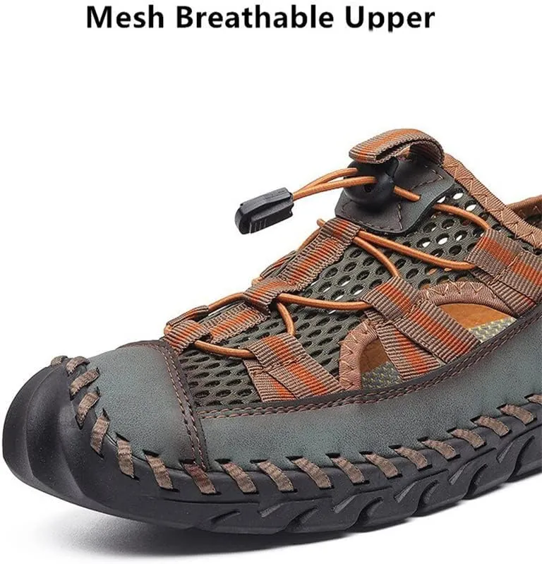 Recyphi Men's Sandals Closed Toe Mesh Splicing Outdoor Leather Sandals Breathable Summer Fisherman Shoes