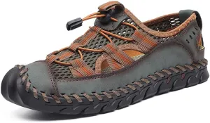 Recyphi Men's Sandals Closed Toe Mesh Splicing Outdoor Leather Sandals Breathable Summer Fisherman Shoes