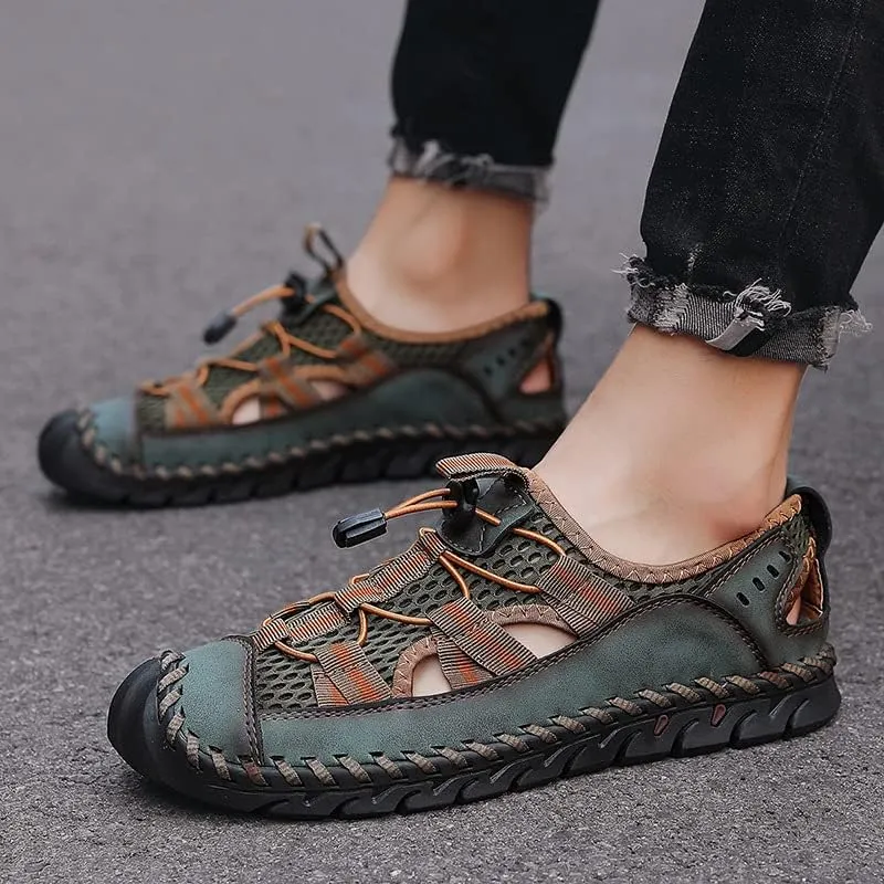 Recyphi Men's Sandals Closed Toe Mesh Splicing Outdoor Leather Sandals Breathable Summer Fisherman Shoes