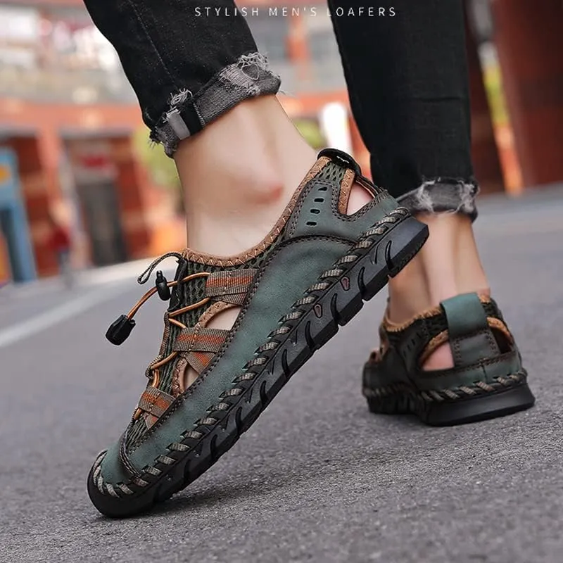 Recyphi Men's Sandals Closed Toe Mesh Splicing Outdoor Leather Sandals Breathable Summer Fisherman Shoes