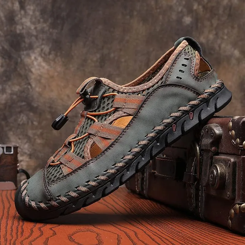 Recyphi Men's Sandals Closed Toe Mesh Splicing Outdoor Leather Sandals Breathable Summer Fisherman Shoes