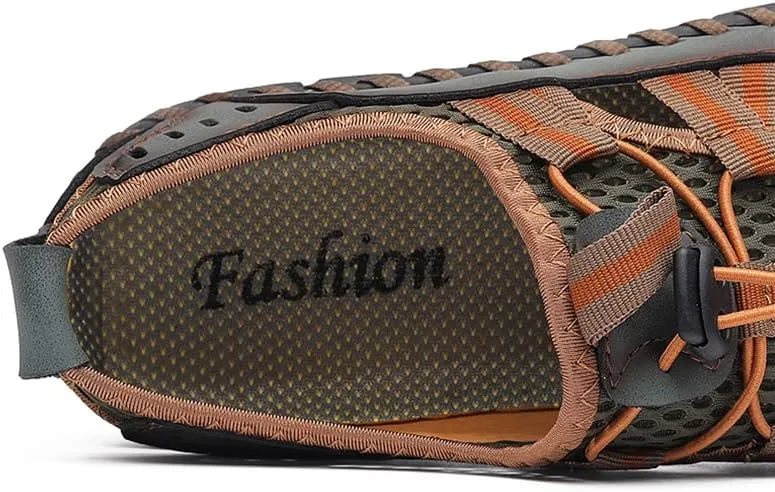 Recyphi Men's Sandals Closed Toe Mesh Splicing Outdoor Leather Sandals Breathable Summer Fisherman Shoes