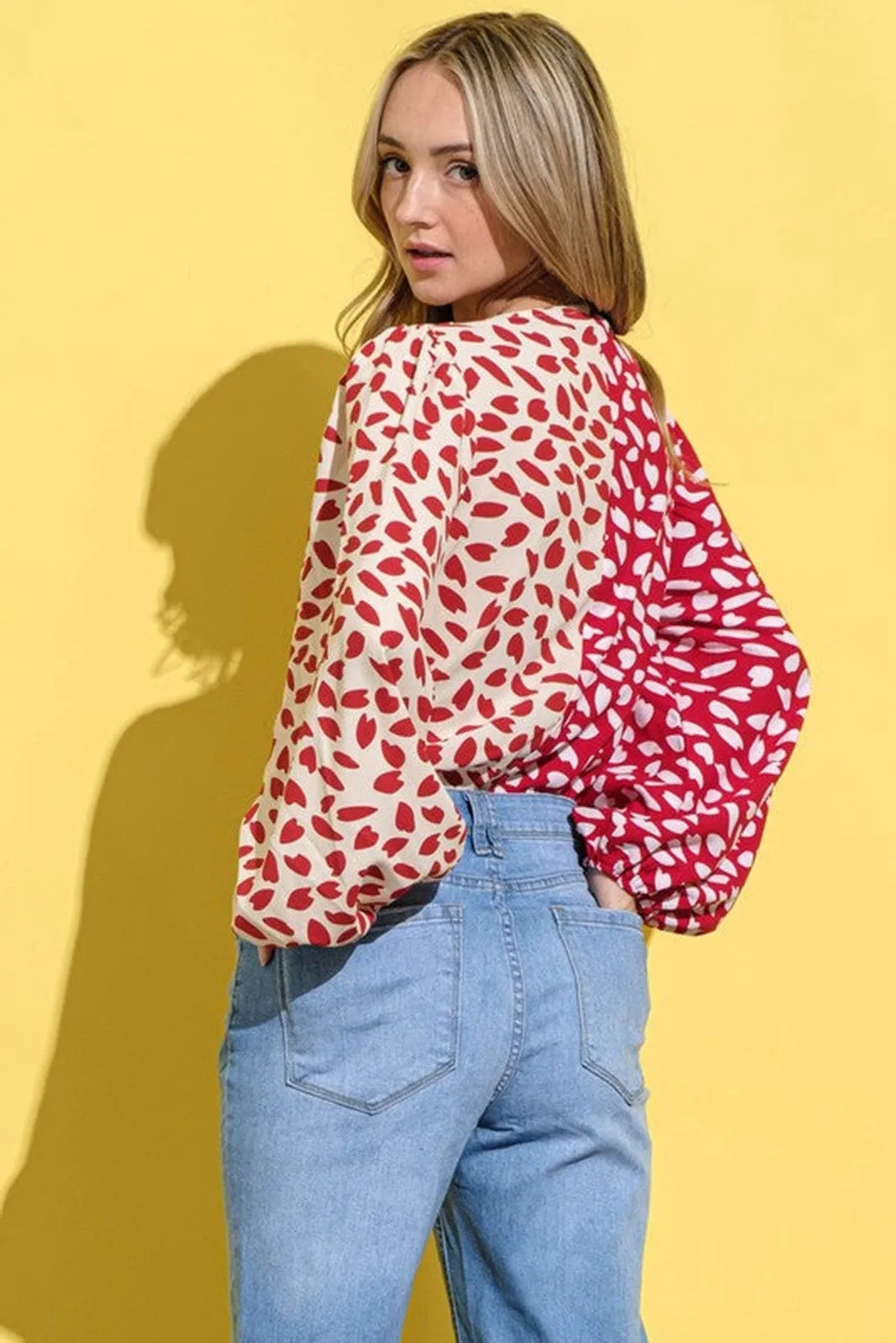 Red Contrast Print Balloon Sleeve Bodysuit