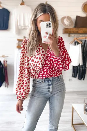 Red Contrast Print Balloon Sleeve Bodysuit