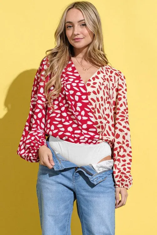 Red Contrast Print Balloon Sleeve Bodysuit