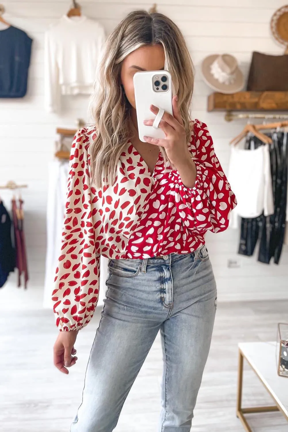 Red Contrast Print Balloon Sleeve Bodysuit