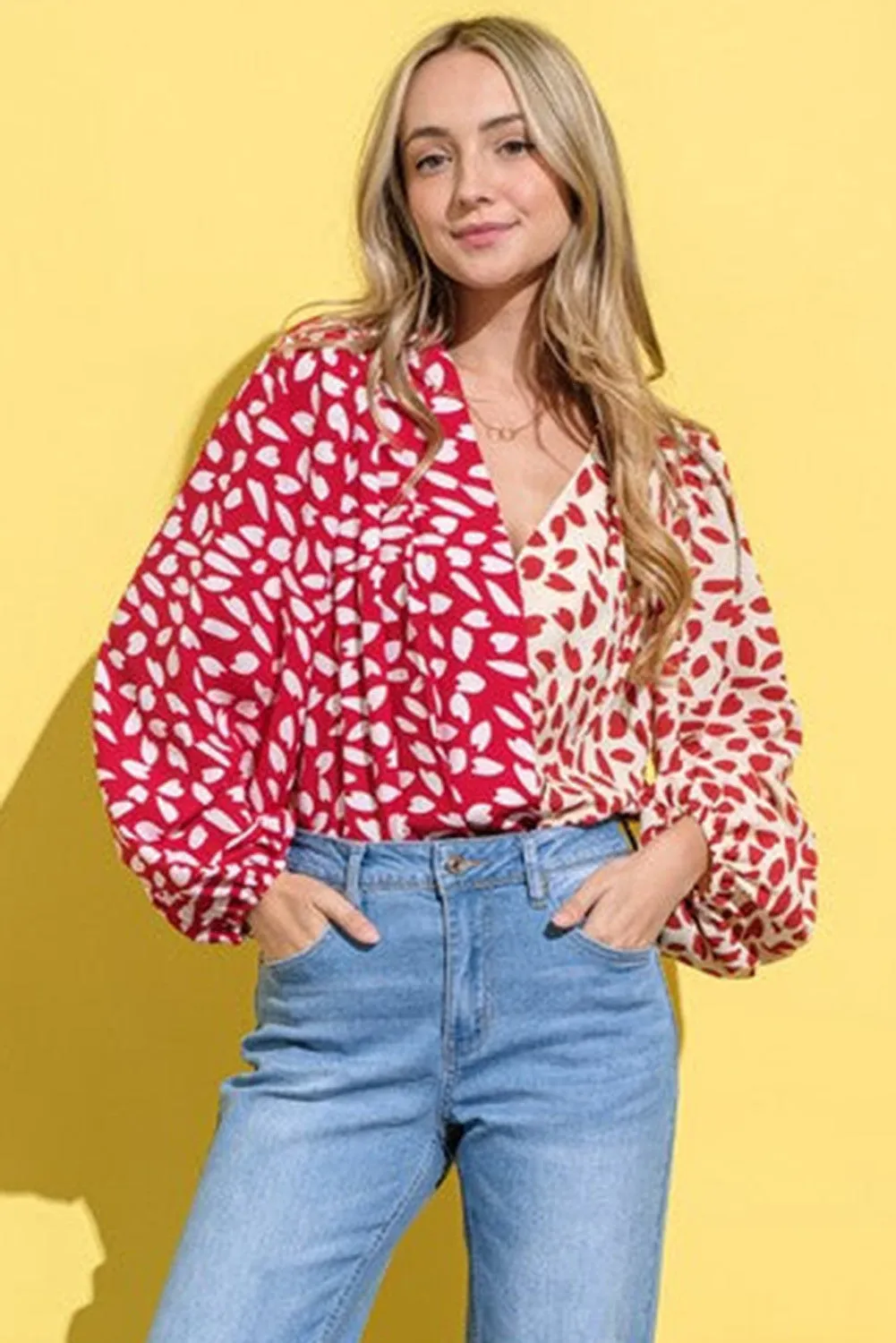 Red Contrast Print Balloon Sleeve Bodysuit