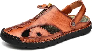 RiceelSor Mens Closed Toe Leather Handmade Sandals Adjustable Heel Strap Slip on Large Size SummerBreathable Comfortable Lightweight Beach Outdoor Fisherman Slippers