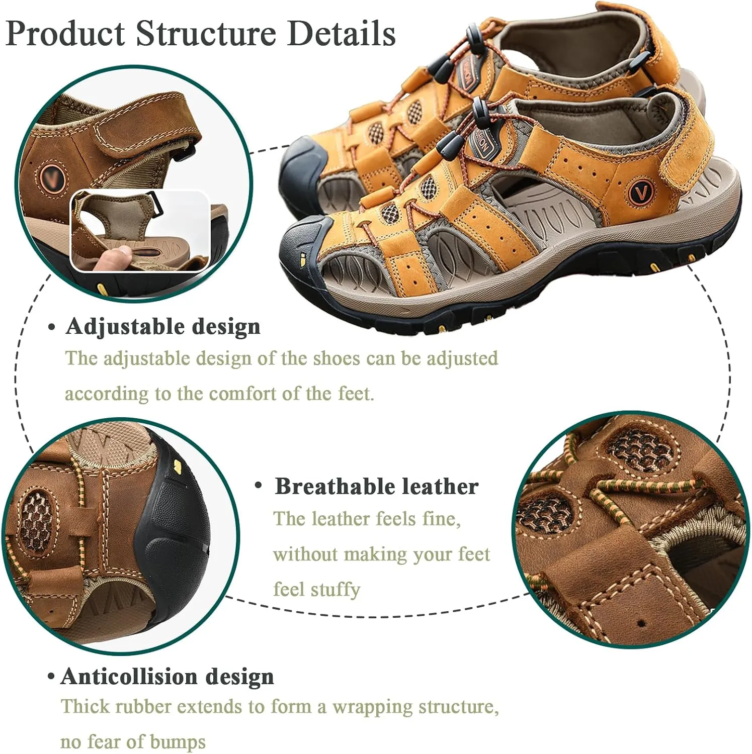 Sandals for Men Leather Lightweight Outdoor Hiking Sandals with Arch Support Athletic Beach Water Shoes for Walking Trekking Camping