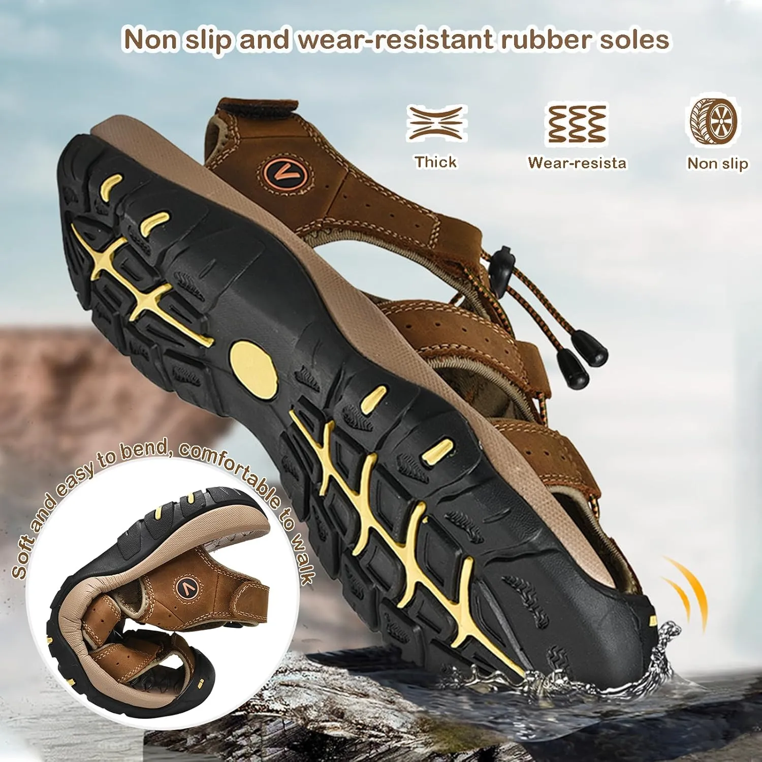 Sandals for Men Leather Lightweight Outdoor Hiking Sandals with Arch Support Athletic Beach Water Shoes for Walking Trekking Camping