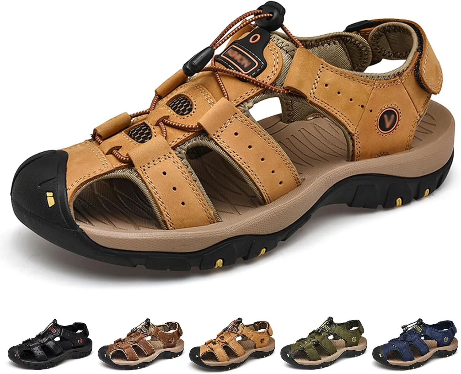 Sandals for Men Leather Lightweight Outdoor Hiking Sandals with Arch Support Athletic Beach Water Shoes for Walking Trekking Camping