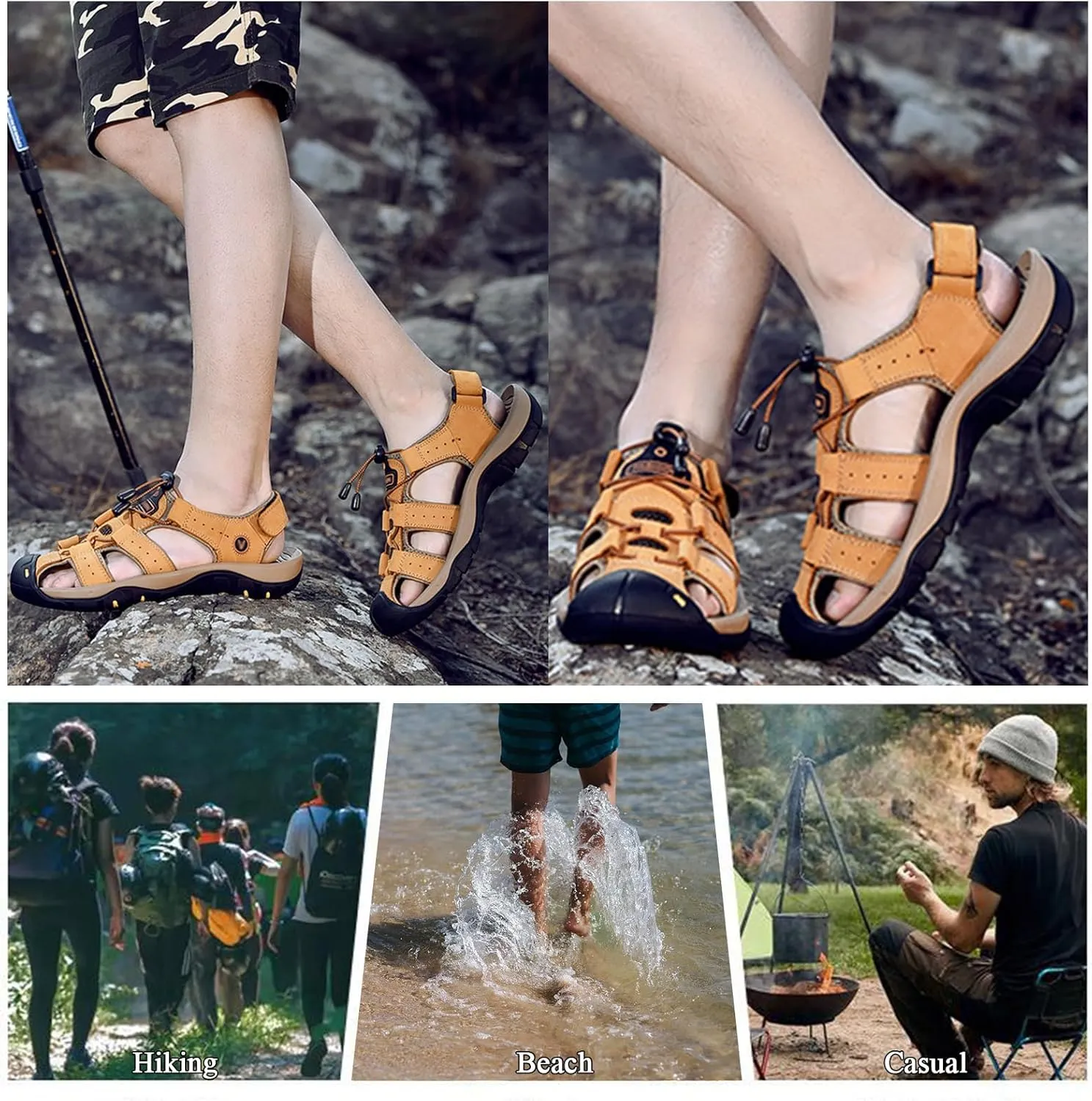 Sandals for Men Leather Lightweight Outdoor Hiking Sandals with Arch Support Athletic Beach Water Shoes for Walking Trekking Camping