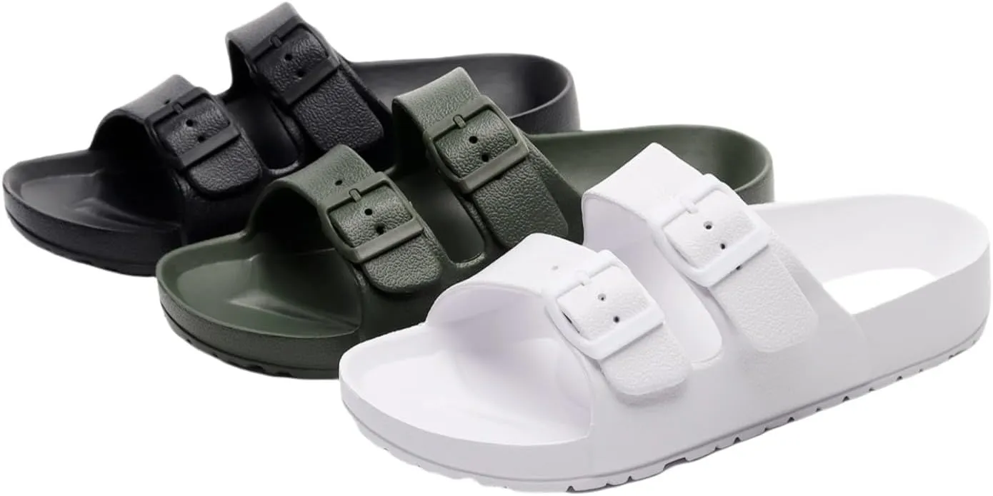 Sandals Slide for Women Double Buckle Adjustable Flat Shoes