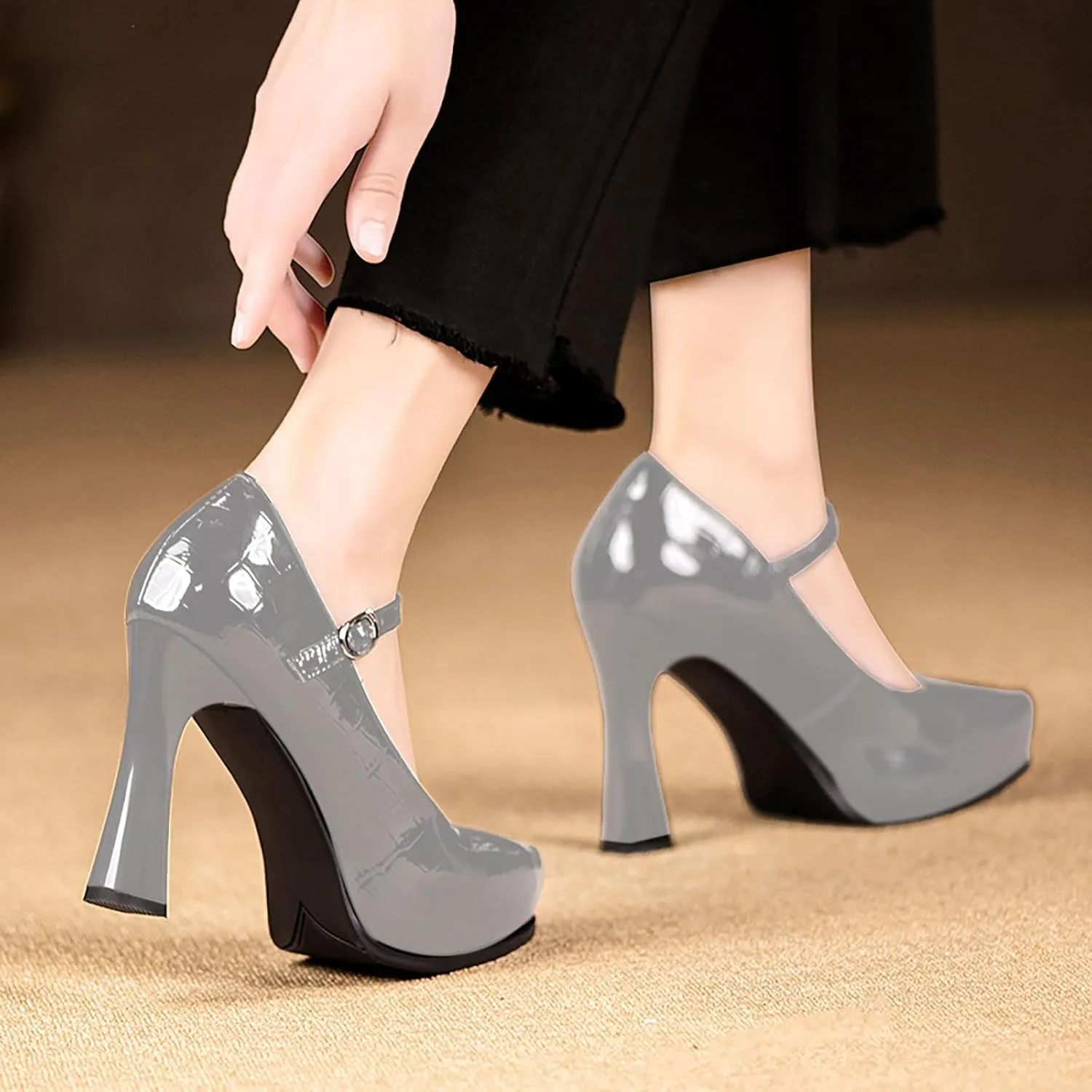 sarawill Women's Pointed Toe Mary Jane High Block Heels Fashion Crocodile Platform Pumps Evening Office Dressy High Heel Shoes for Ladies
