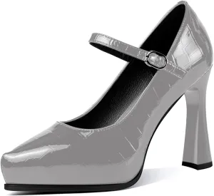 sarawill Women's Pointed Toe Mary Jane High Block Heels Fashion Crocodile Platform Pumps Evening Office Dressy High Heel Shoes for Ladies