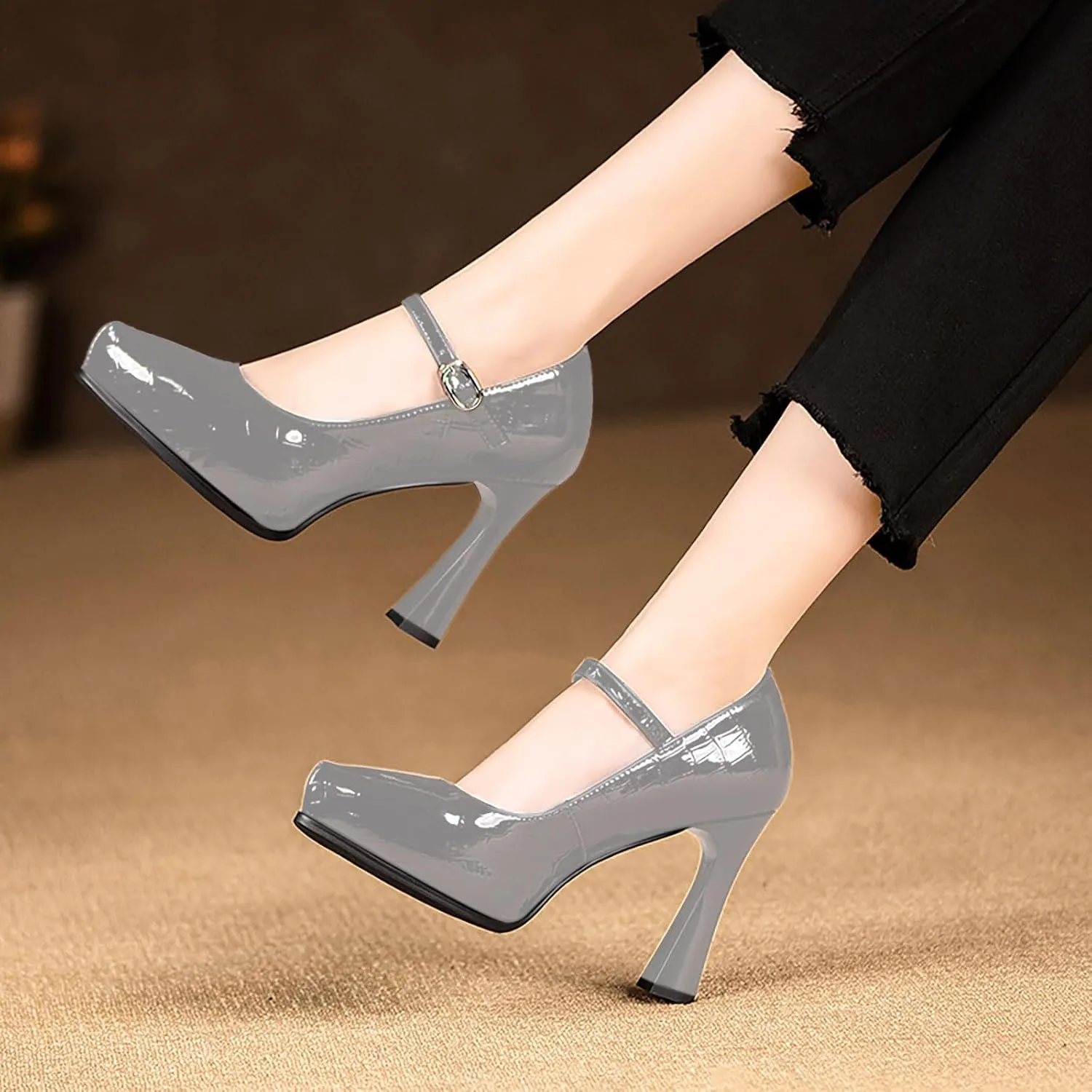 sarawill Women's Pointed Toe Mary Jane High Block Heels Fashion Crocodile Platform Pumps Evening Office Dressy High Heel Shoes for Ladies